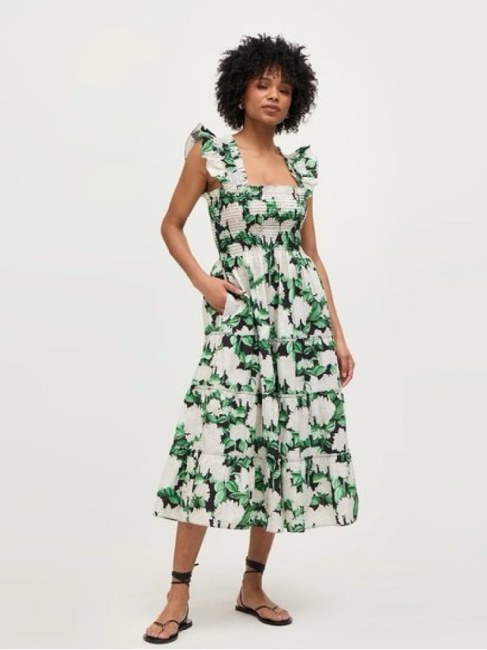 Hill House Kids White and Green Floral Smocked Dress